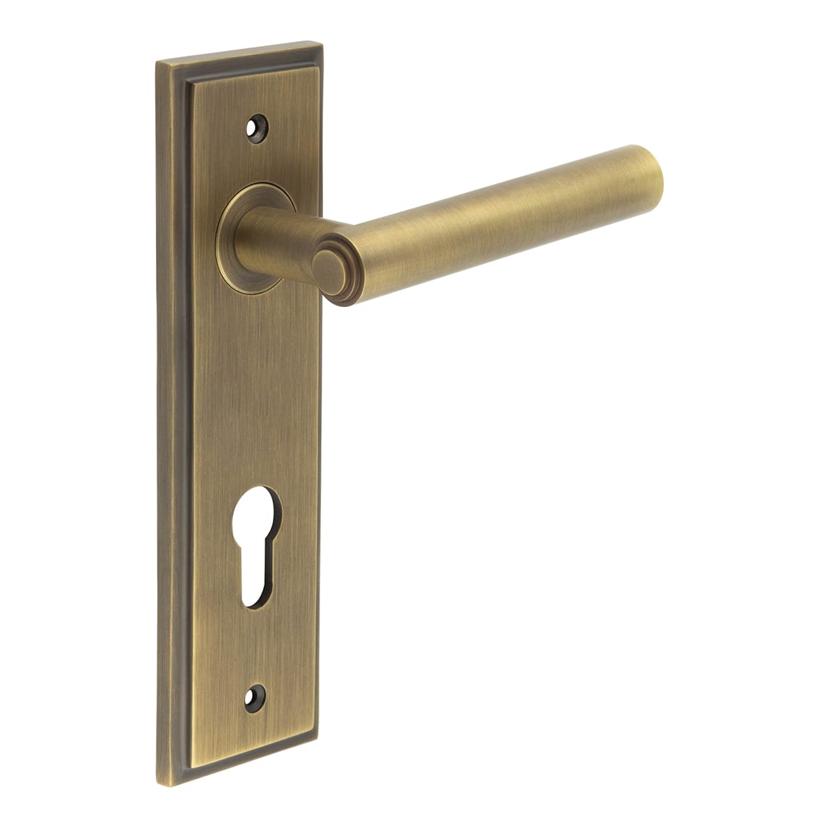 Antique Brass Fire Rated DIN Euro Lock Door Handles - Richmond - 200 x 55mm