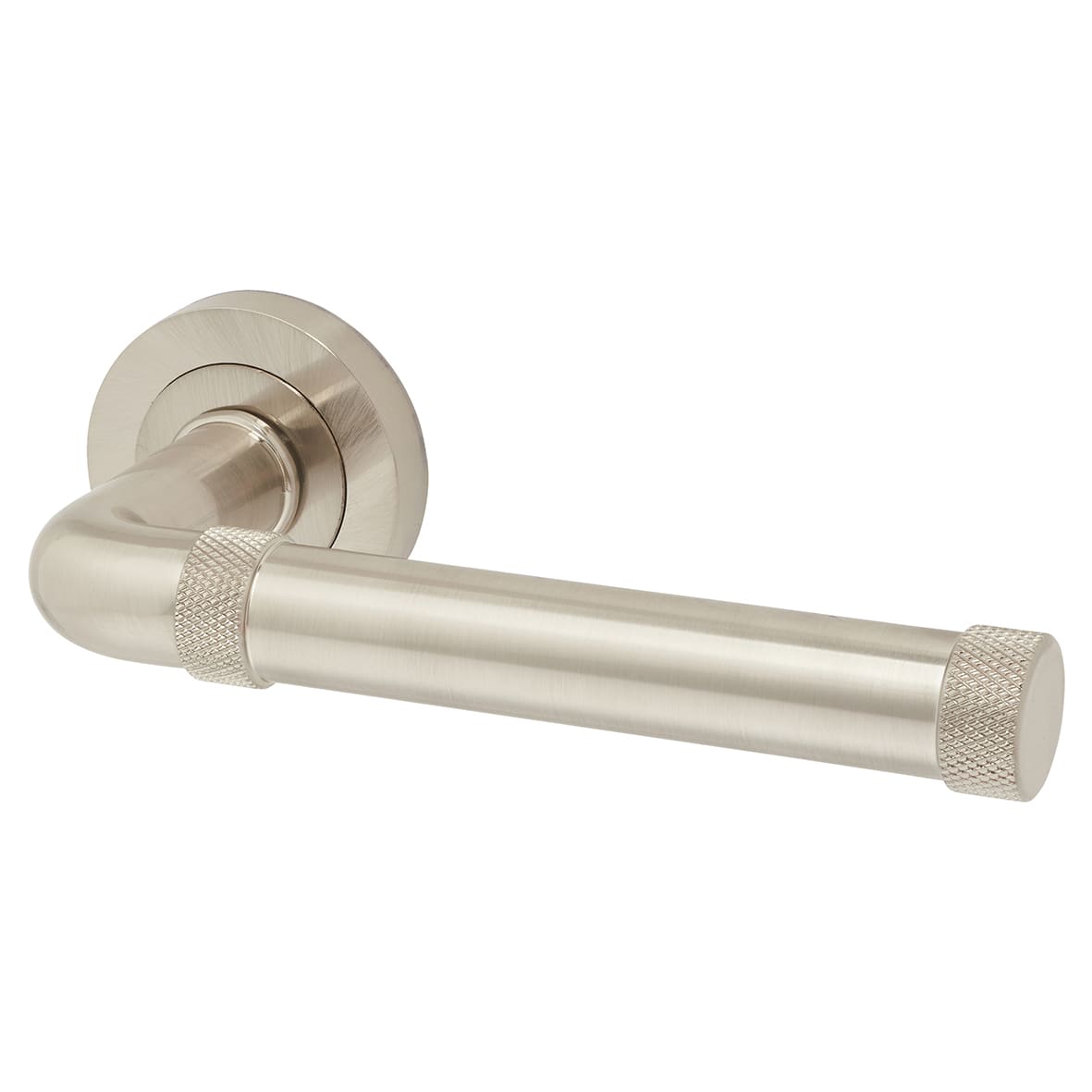 Satin Nickel Fire Rated Knurled Door Handles on Round Rose - Midtown Range
