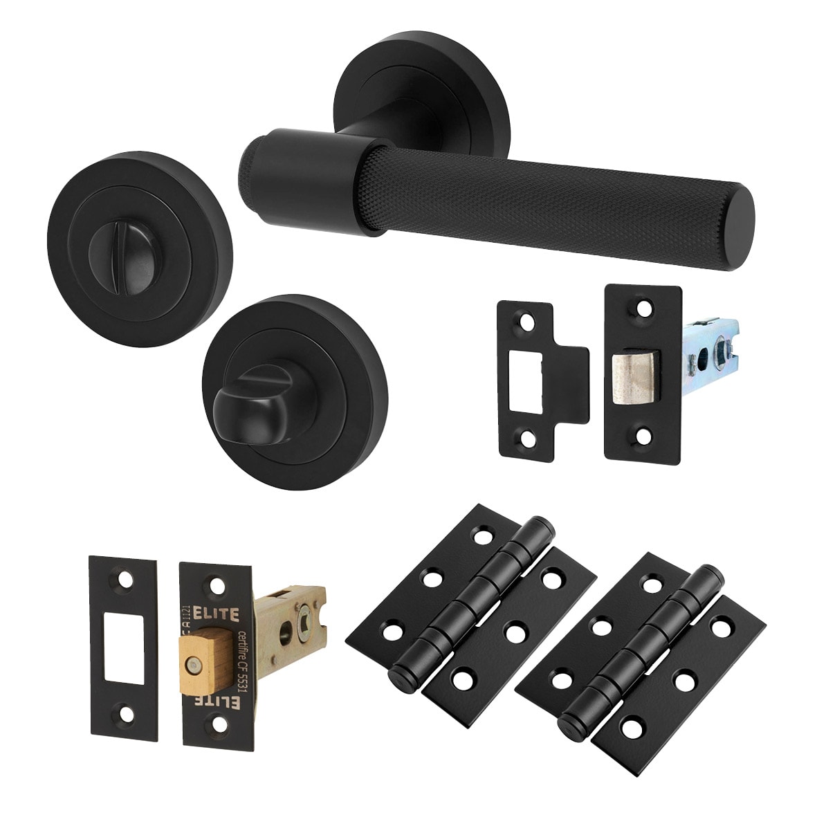 Matt Black Knurled Bathroom Deadbolt Lock Door Handles on Rose Pack - Esme Range