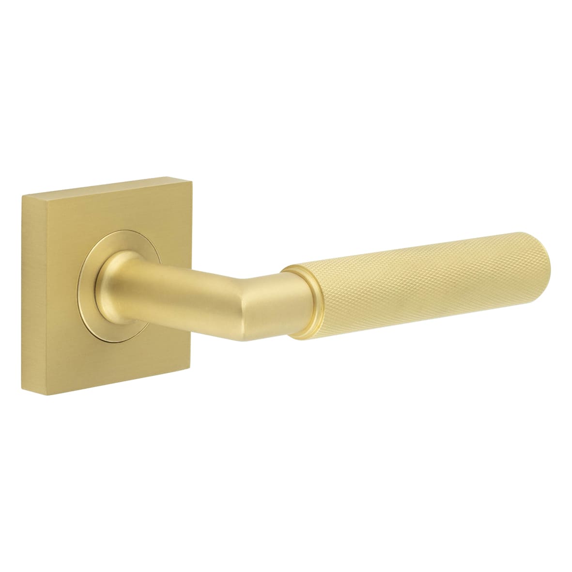 Satin Brass Knurled Fire Rated Door Handles on Square Rose - Piccadilly Range