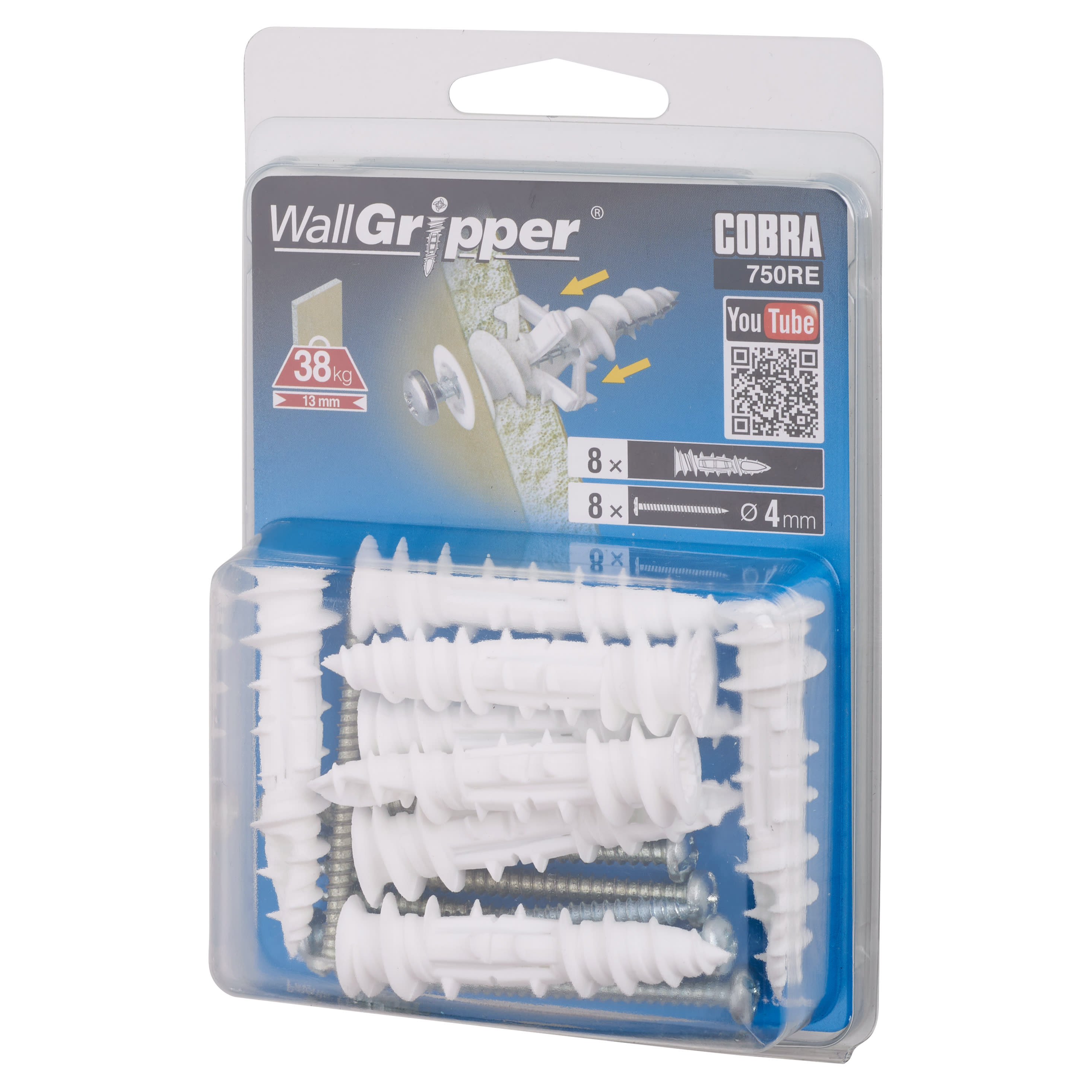 WallGripper Self Drilling Plasterboard Wall Anchor - 4 x 54mm - White - Pack of 8