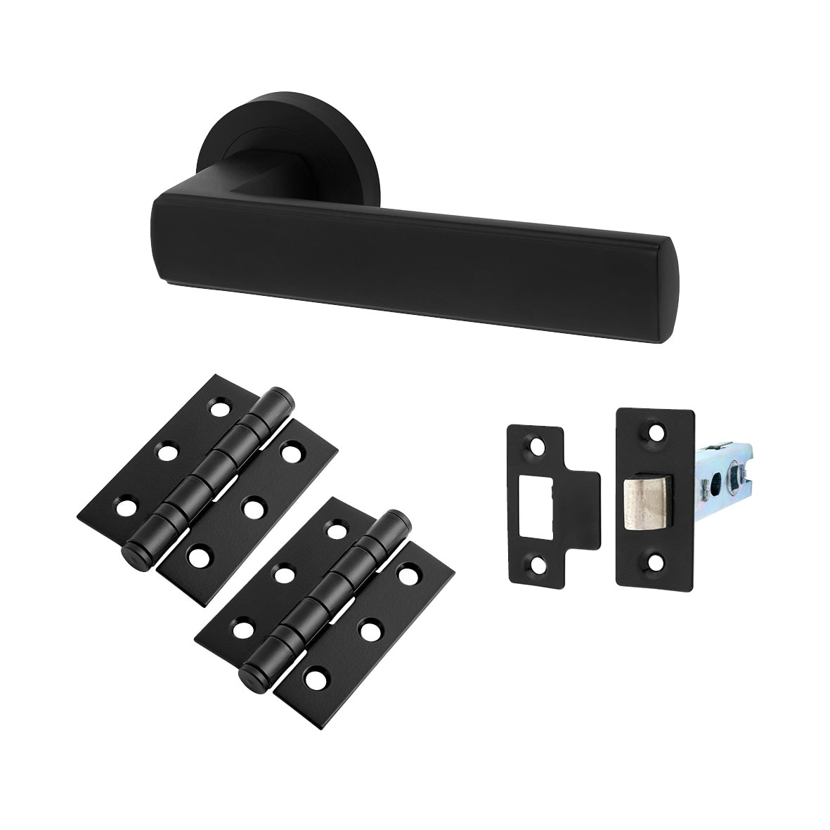 Matt Black Latch Door Handles on Rose Pack - Zara Range