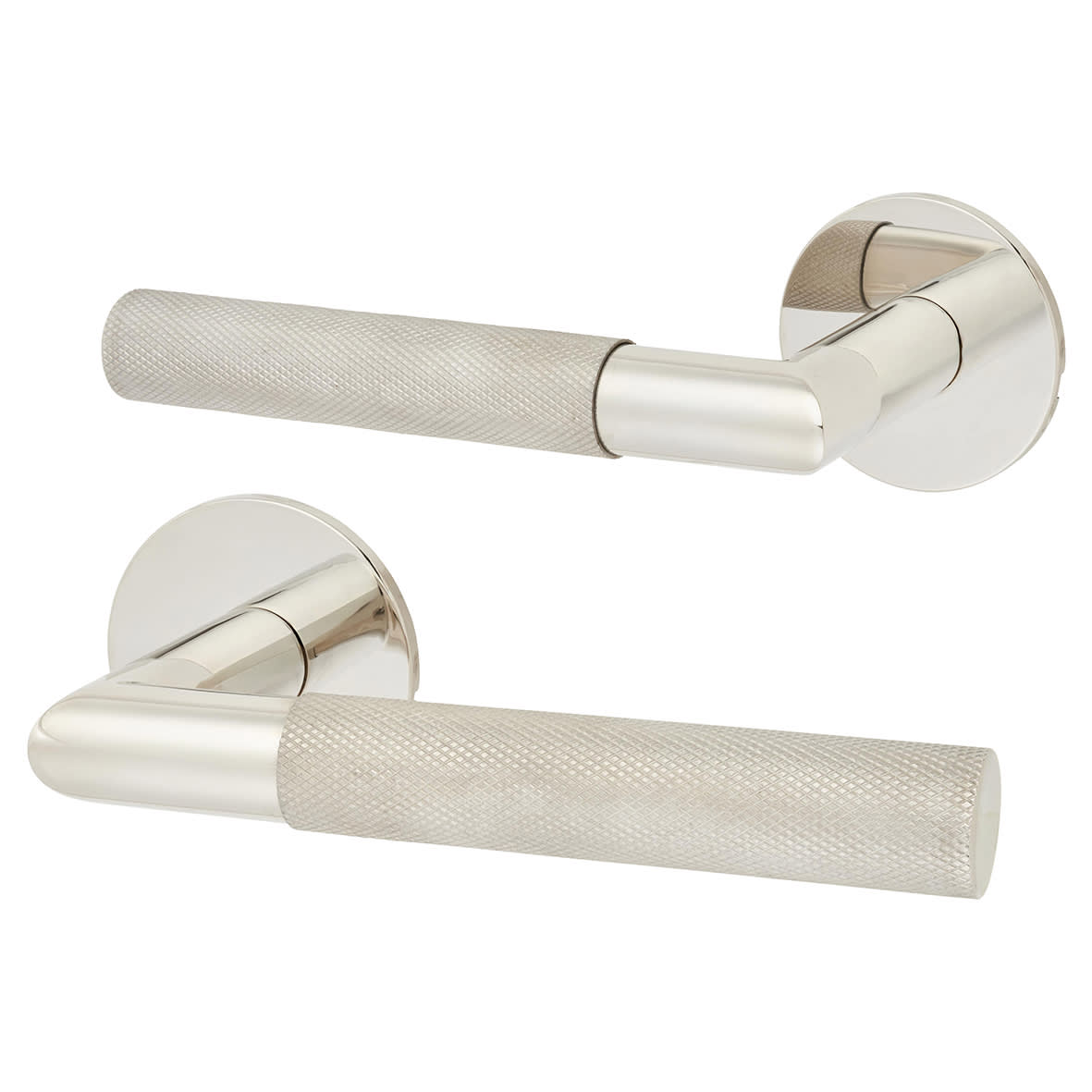 Polished Stainless Steel Knurled Door Handles on Round Slim Rose - Schema Modell Range