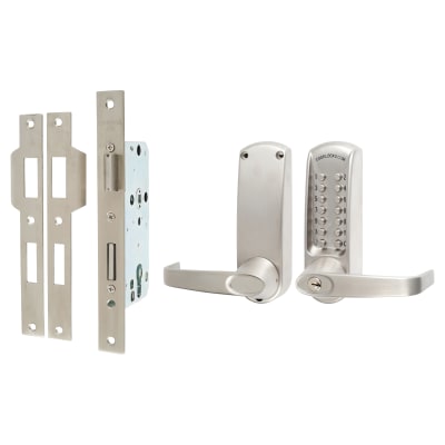Push Button Code Lock and Mortice Lock with Key Override - Brushed Steel
