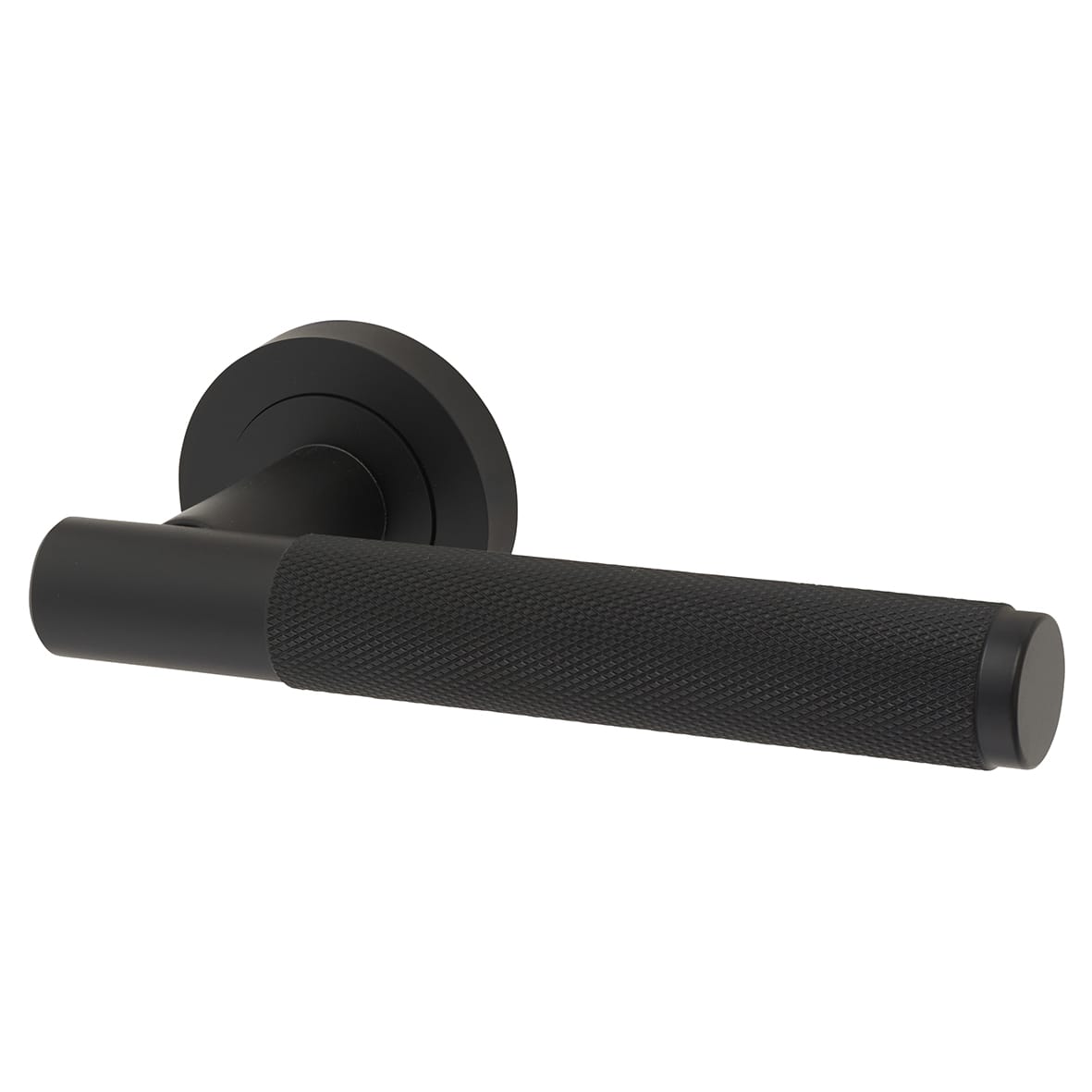 Matt Black Fire Rated Knurled Door Handles on Round Rose - Bari Range