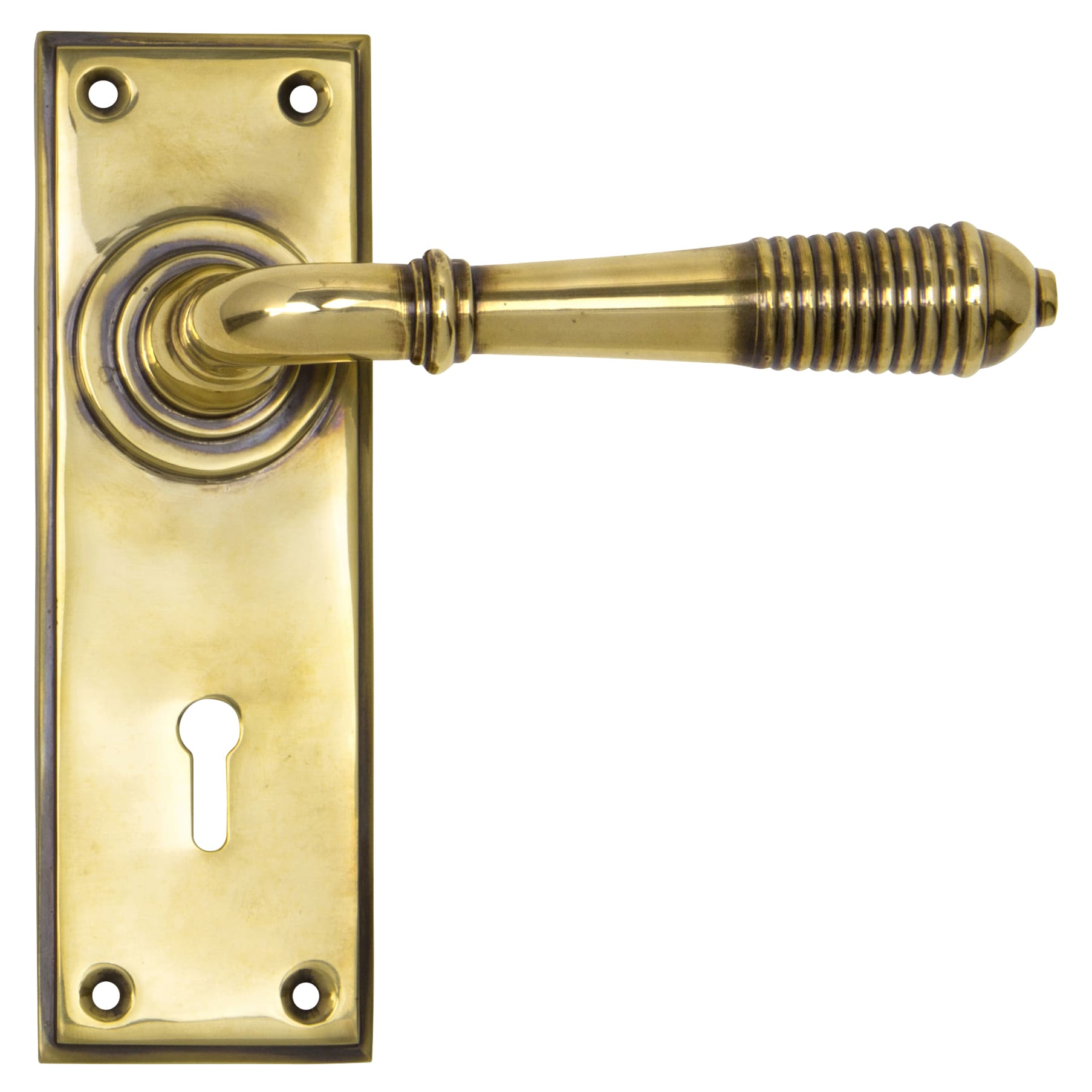 Aged Brass Reeded Keyhole Lock Door Handles - 152 x 50mm