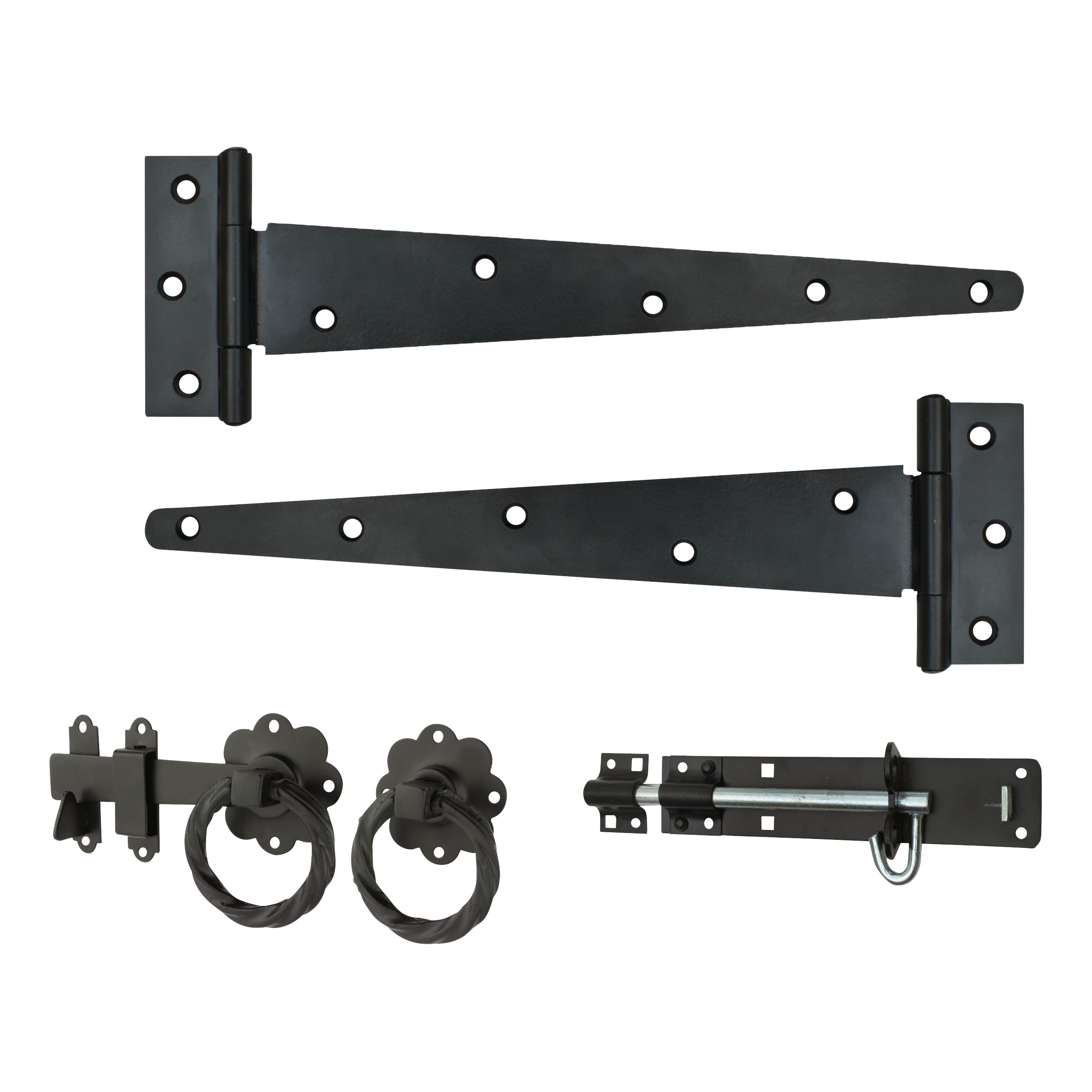 Medium Duty Gate Hinge Kit with Ring Gate Latch - 450mm - Black