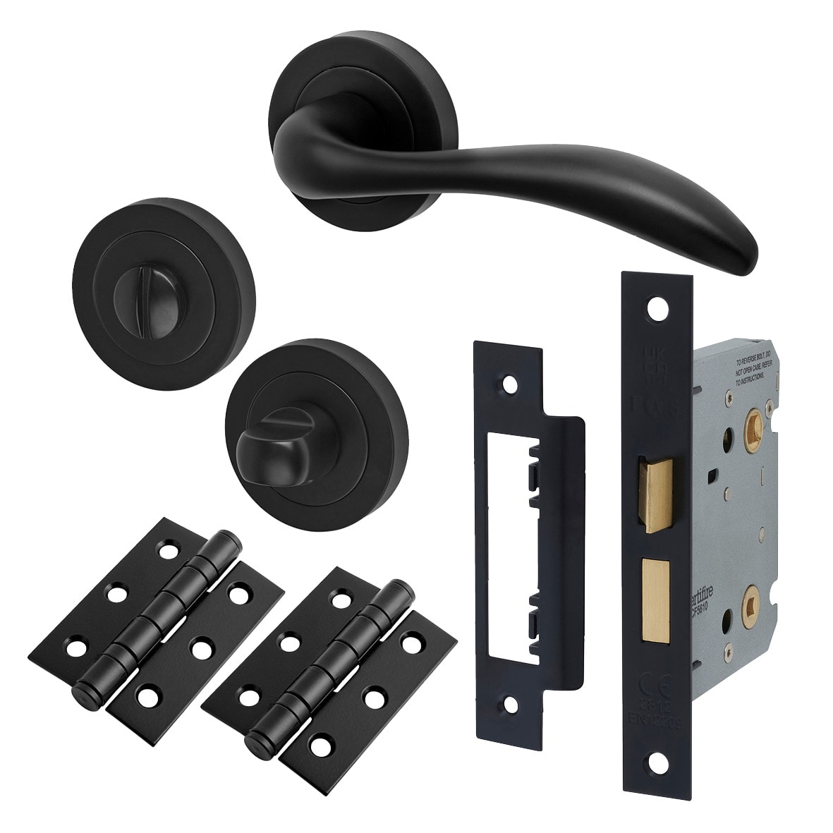 Matt Black Bathroom Lock Door Handles on Rose Pack - Sussex Range