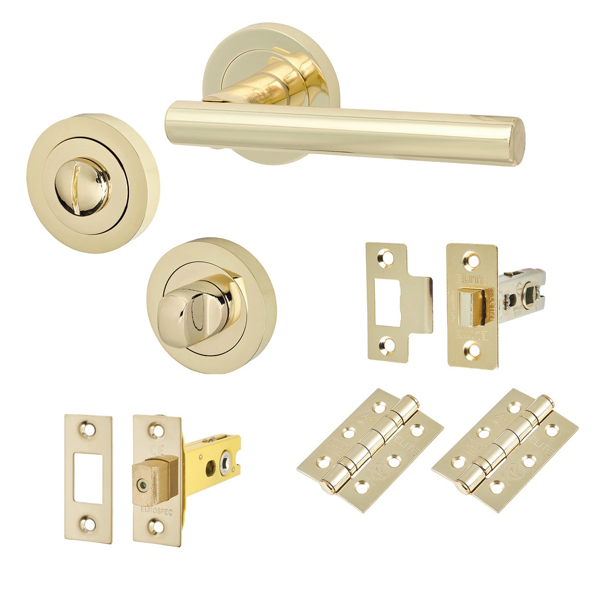Polished Brass Bathroom Deadbolt Lock Door Handles on Rose Pack - Ella Range