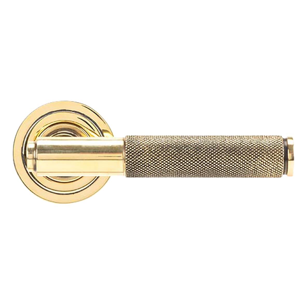 Aged Brass Knurled Door Handles on Round Art Deco Rose - Brompton Range