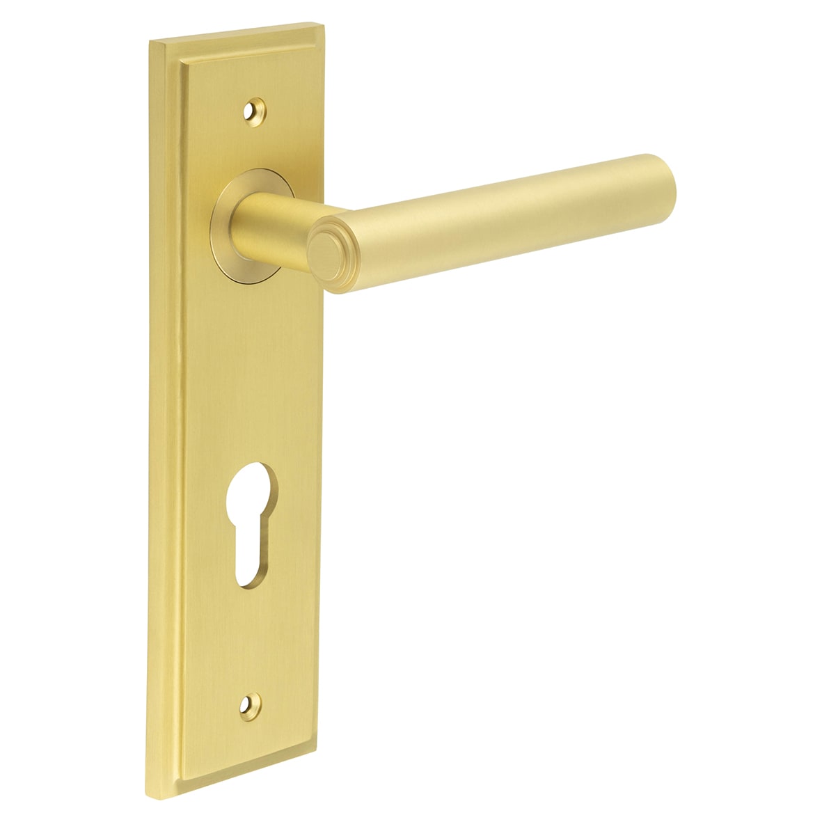 Satin Brass Fire Rated DIN Euro Lock Door Handles - Richmond - 200 x 55mm