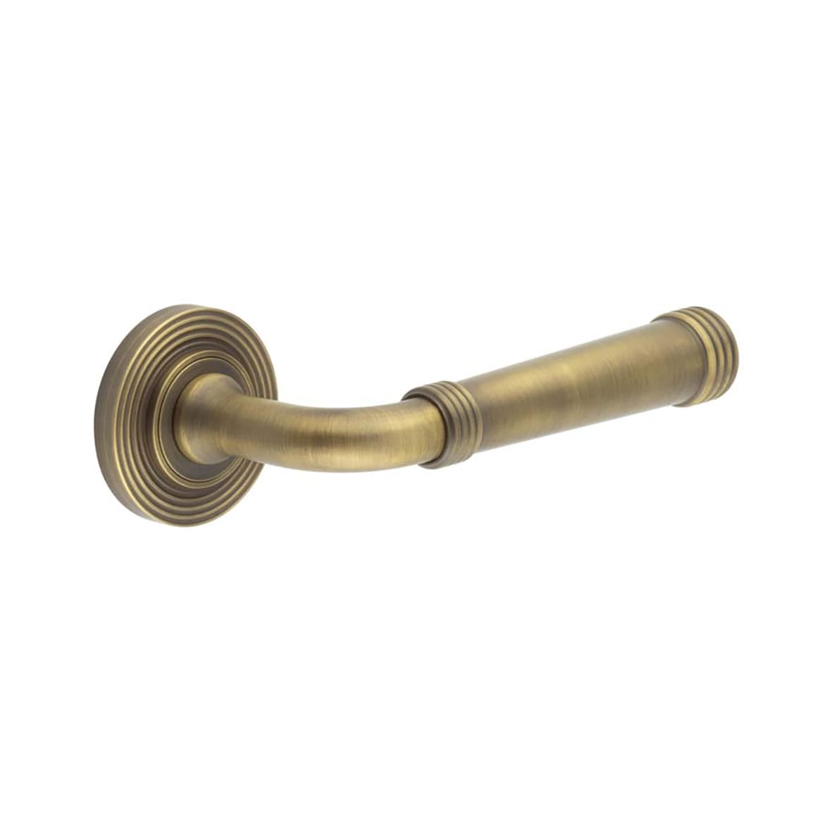 Antique Brass Fire Rated Door Handles on Round Reeded Rose - Highgate Range