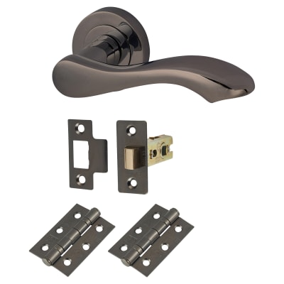 Black Nickel Scroll Latch Door Handles on Rose Pack - Scarlett Range