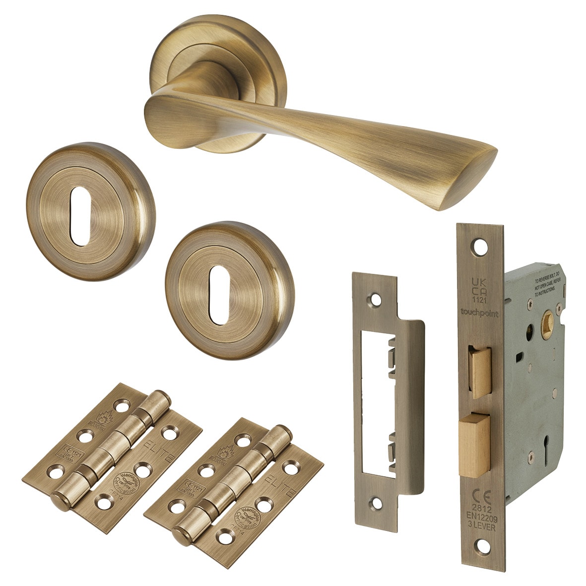Antique Brass 3 Lever Sashlock Door Handles on Rose Pack - Knightsbridge Range