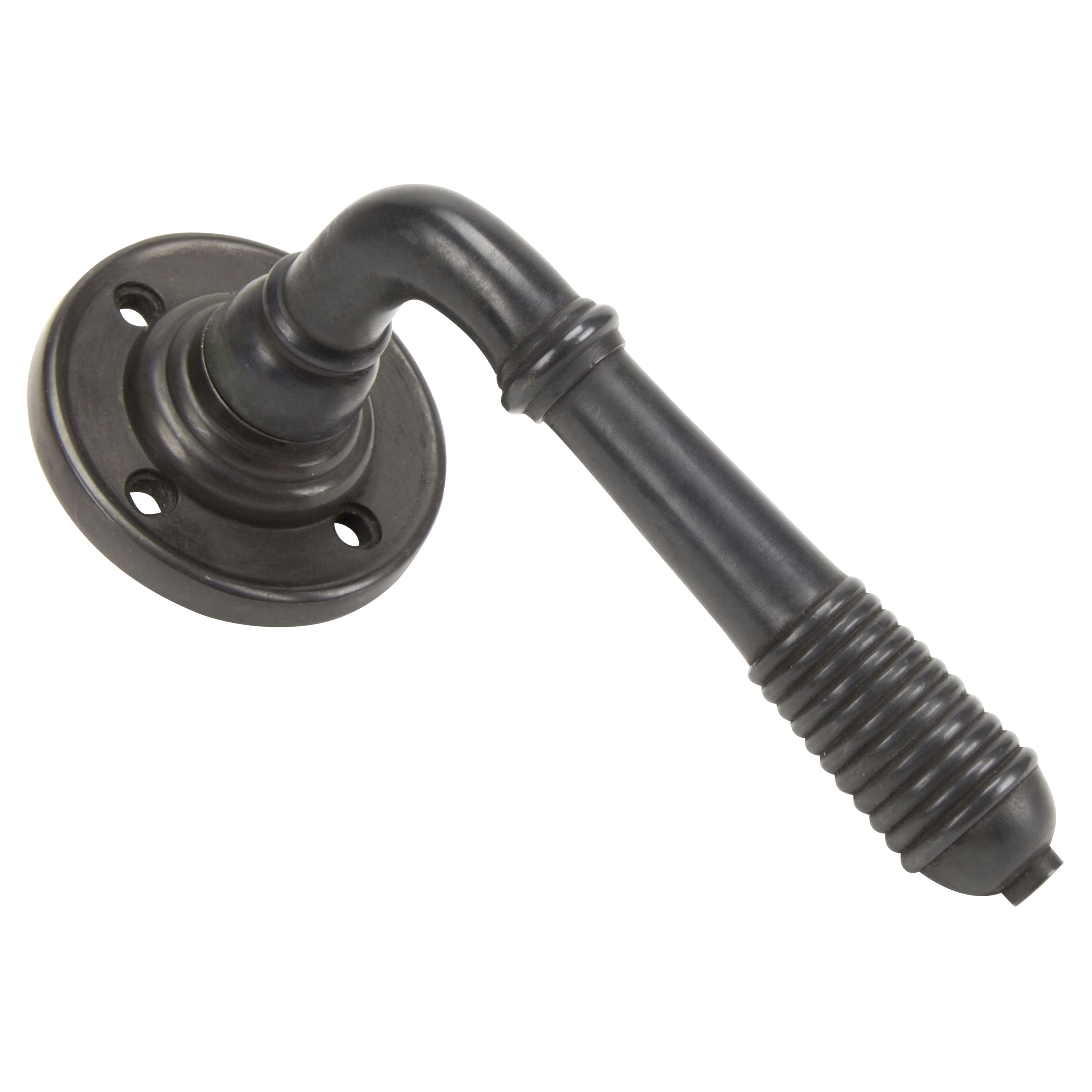 Aged Bronze Reeded Door Handles on Round Rose
