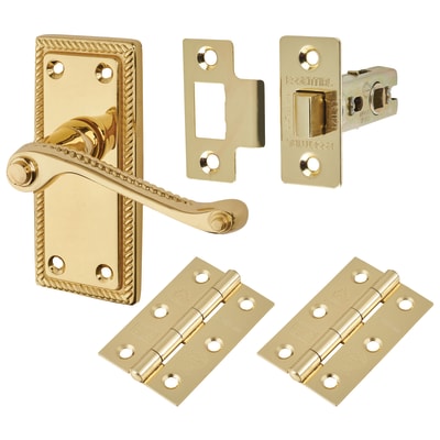 Polished Brass Budget Rope Edge Scroll Latch Door Handles Pack - Short Plate