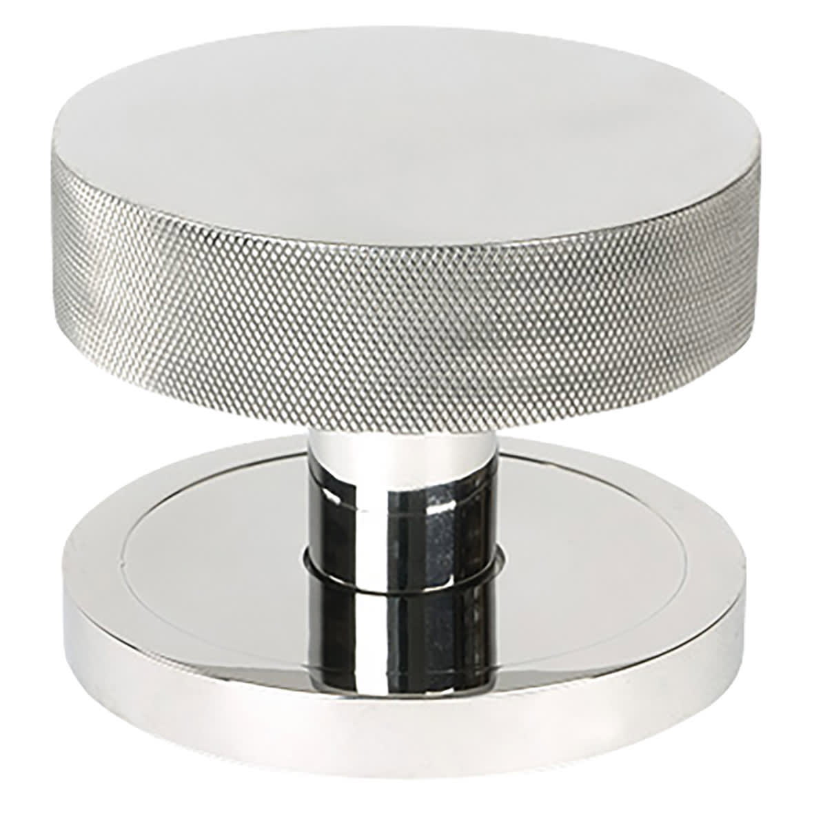 Brompton Polished Stainless Steel Round Knurled Centre Door Knob - 90mm Rose Diameter