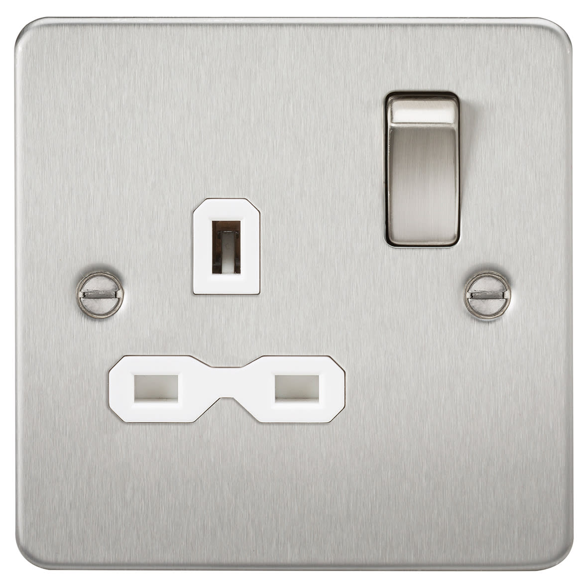 13A 1 Gang Flat Plate Double Pole Switched Socket - Brushed Chrome with White Insert