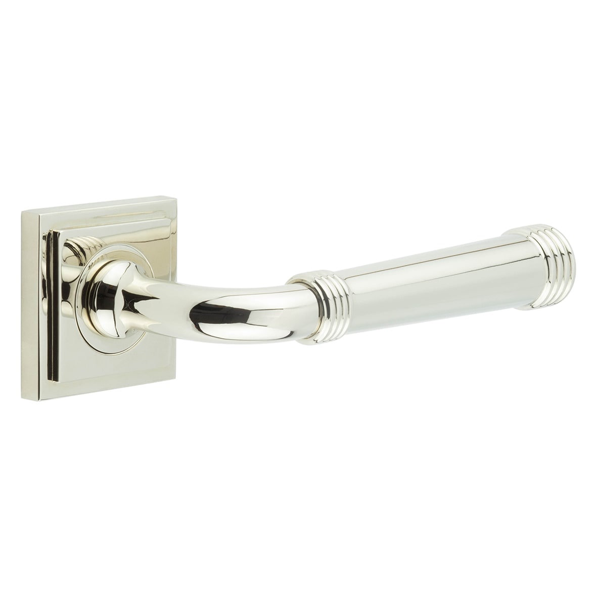 Polished Nickel Fire Rated Door Handles on Square Stepped Rose - Highgate Range