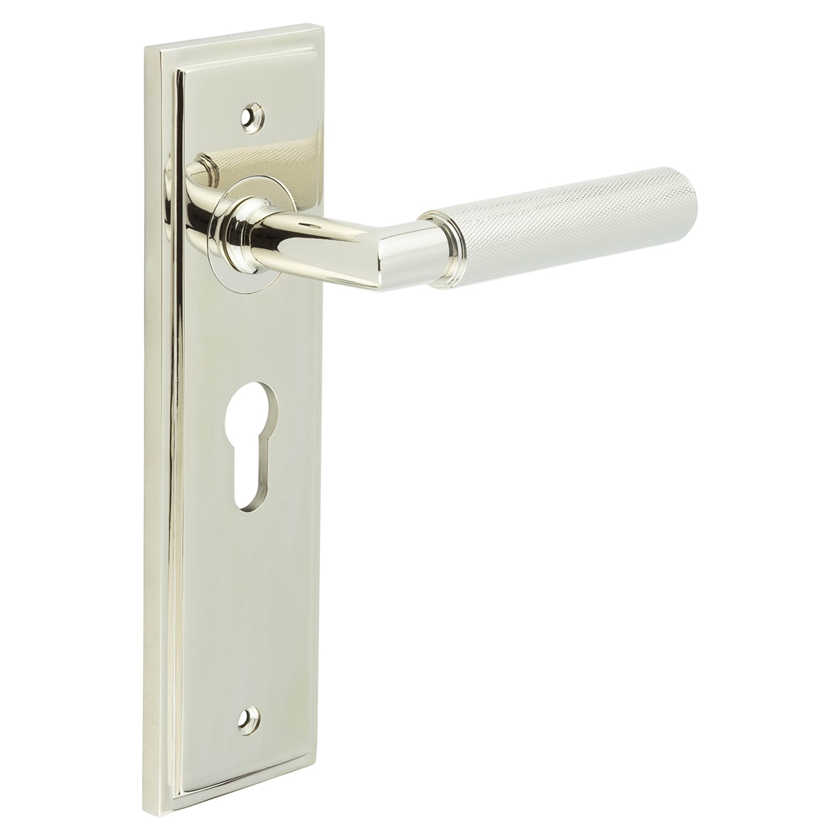 Polished Nickel Fire Rated Euro Lock Door Handles - Piccadilly - 200 x 55mm