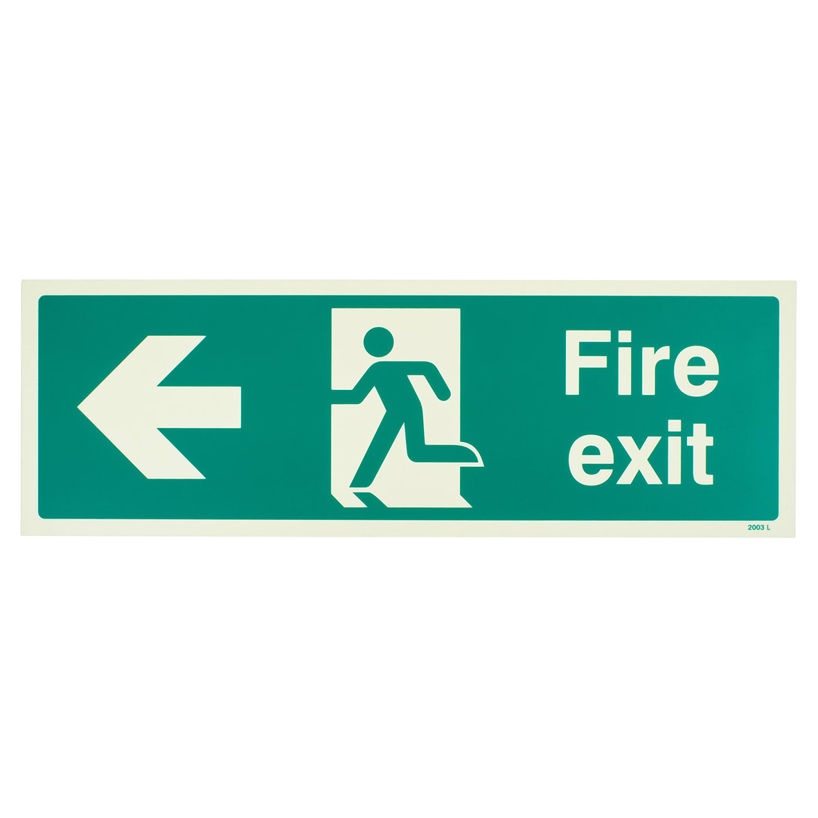 Photoluminescent Fire Exit Running Man Arrow Left Sign - 450 x 150mm - Rigid Plastic