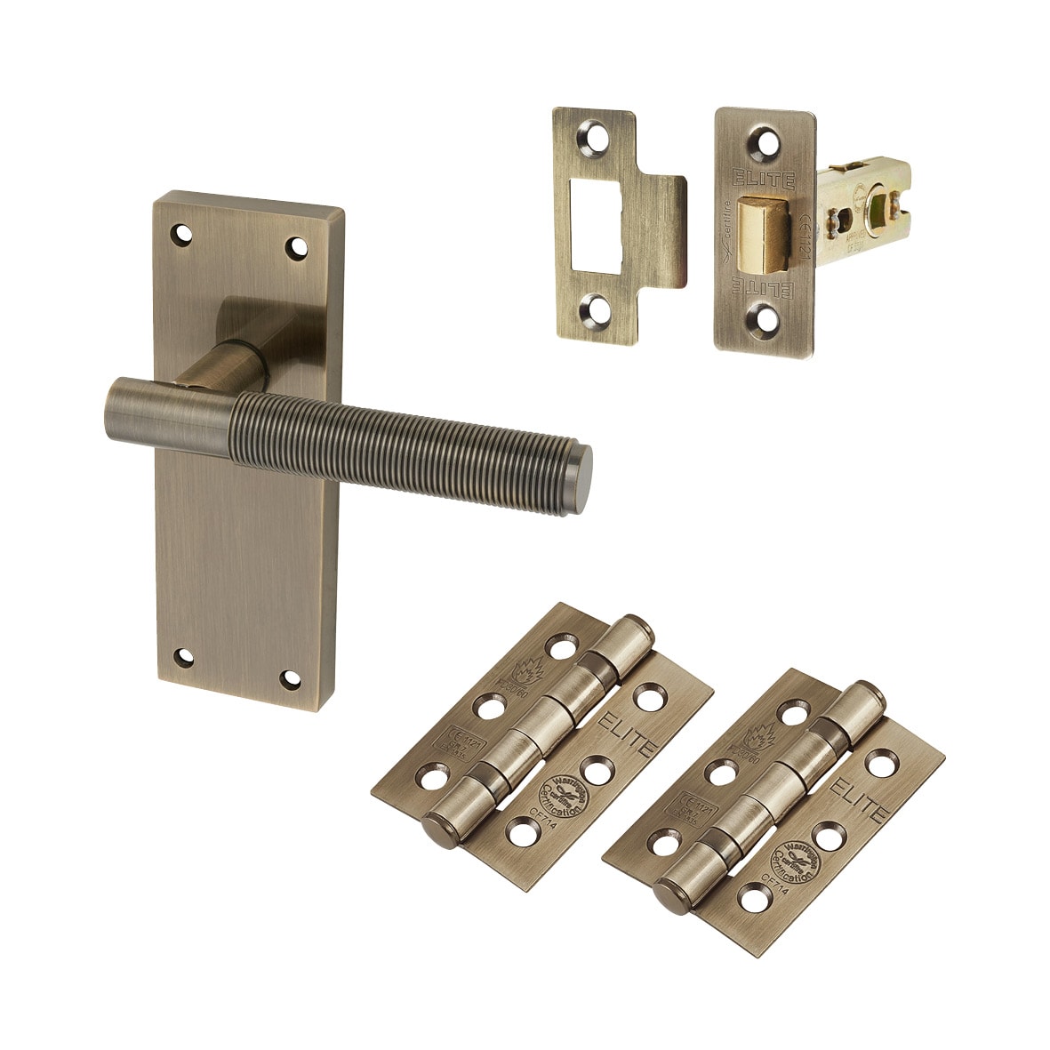Antique Brass Reeded Latch Door Handles Pack - Lily Range