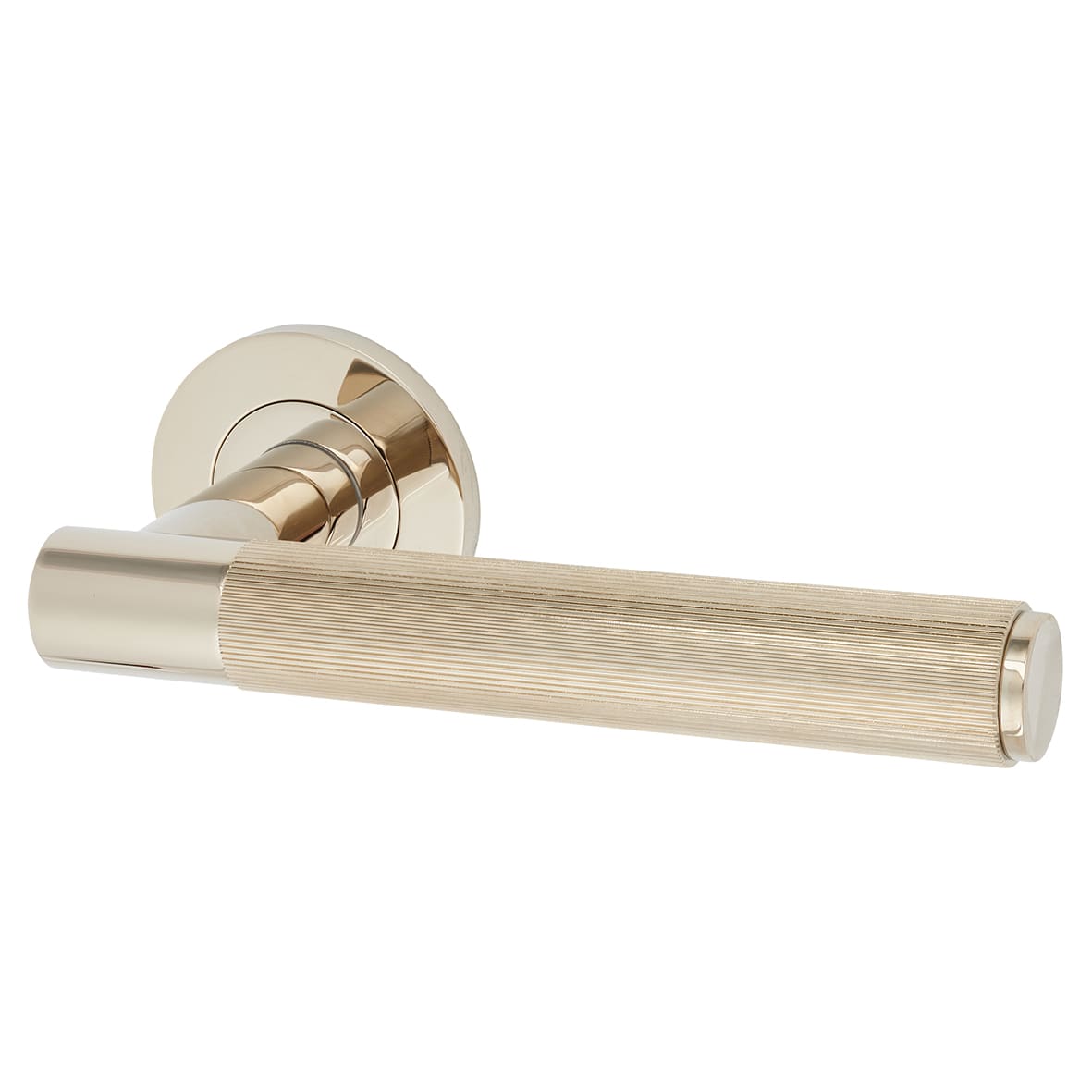 Polished Nickel Reeded Door Handles on Round Rose - Spitfire Range
