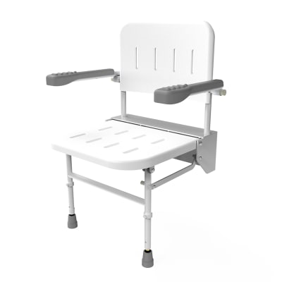 Folding Wall Mounted Shower Seat With Legs, Back & Arms - 410-610 x 494mm - White