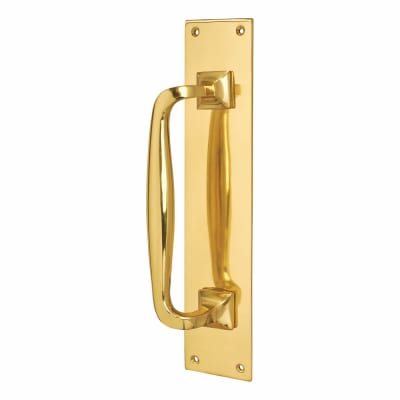 Polished Brass Brewery Offset Door Pull Handle on Plate - Screw Fix - 305 x 63mm