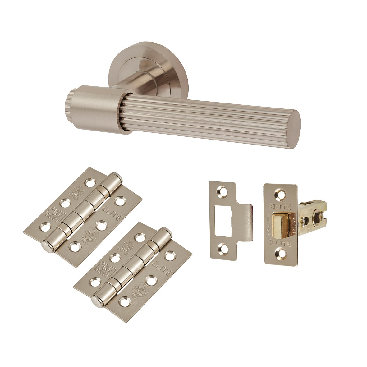 Satin Nickel Lines Latch Door Handles on Rose Pack - Eva Range