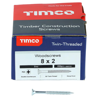 Twin Threaded Pozi Countersunk Wood Screws - 8 x 2" - Zinc Plated - Pack of 200
