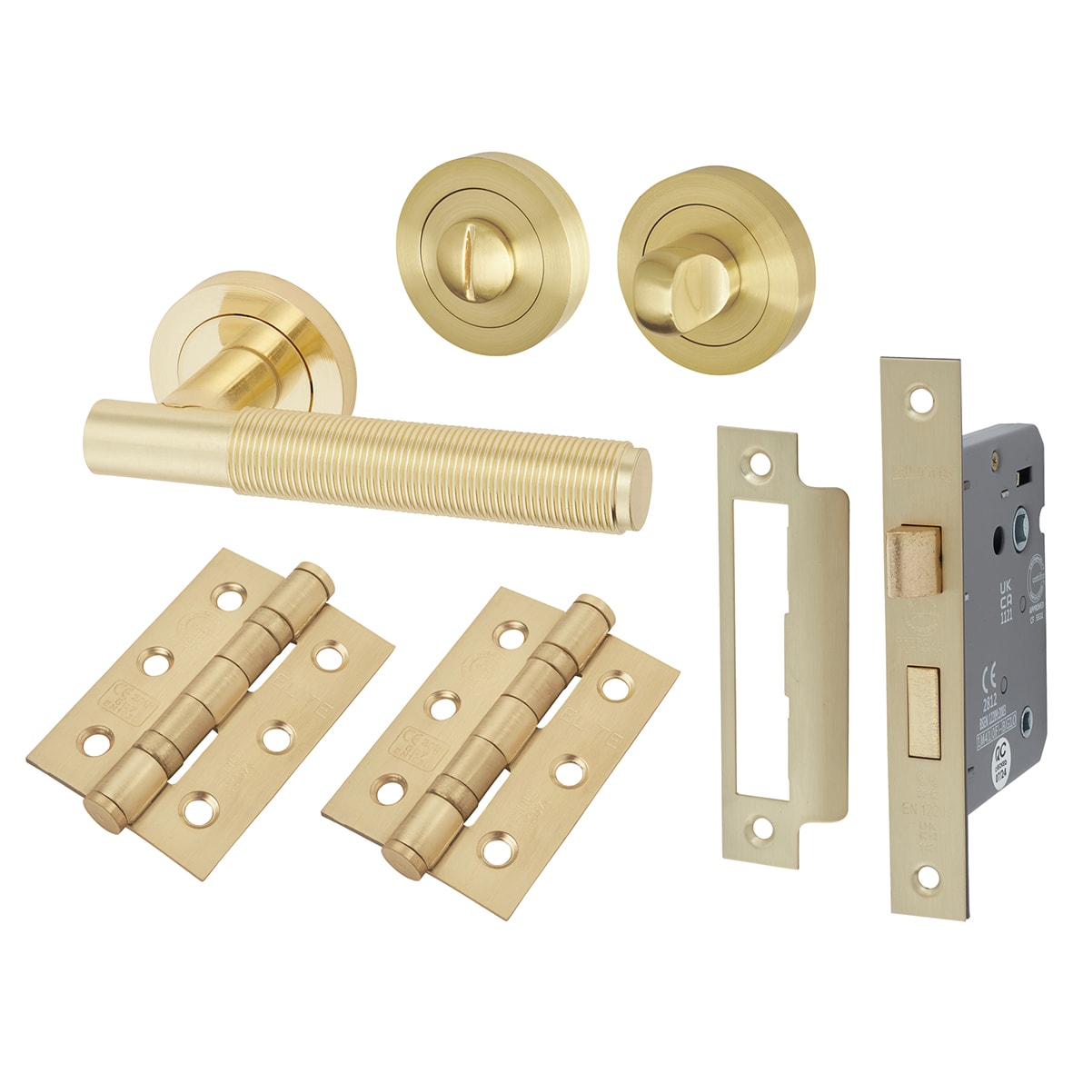 Satin Brass Reeded Bathroom Lock Door Handles Pack - Lily Range