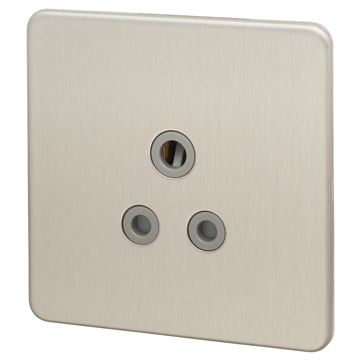 5A Screwless Flat Plate Unswitched Round Pin Socket - Brushed Chrome with Grey Insert