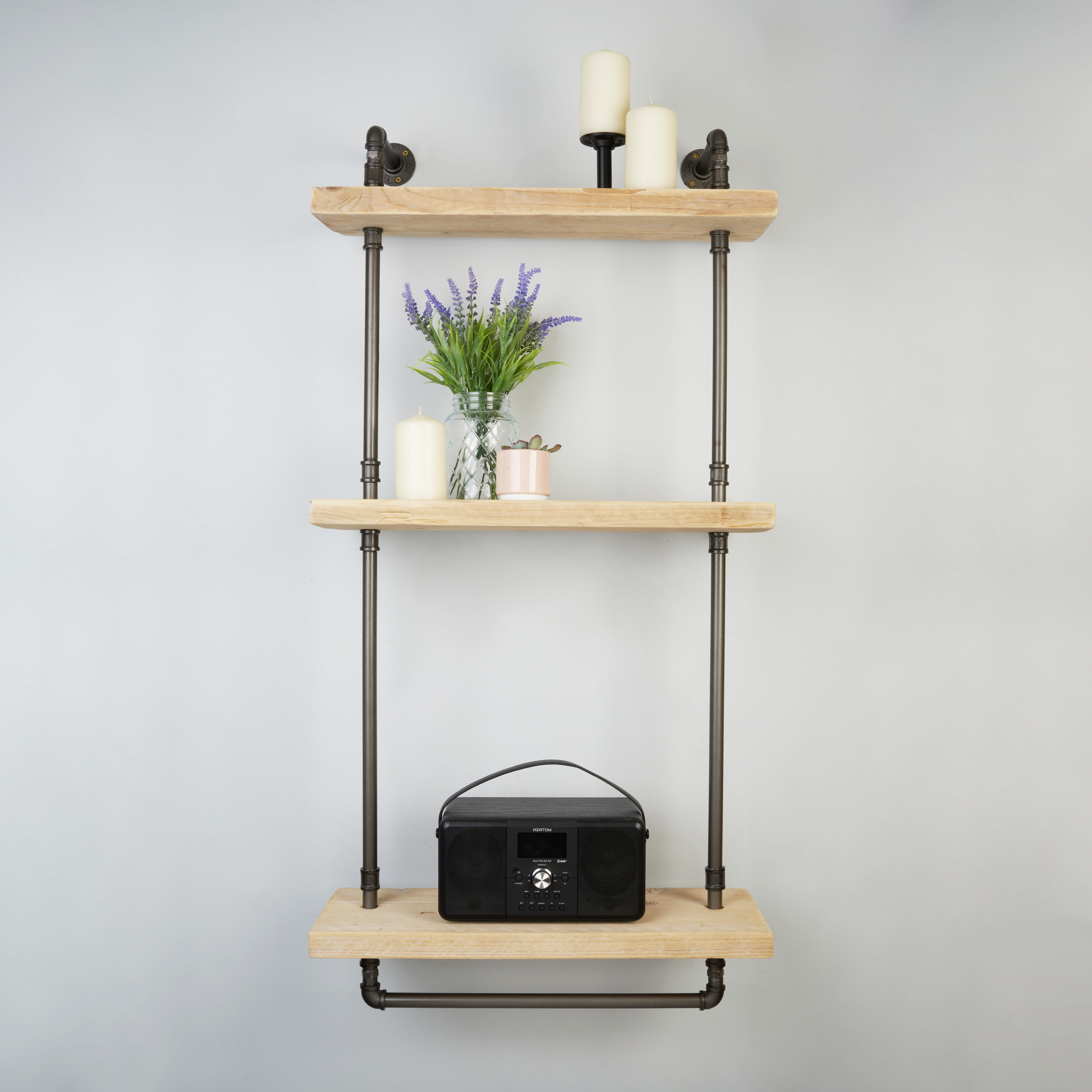 1/2" 3 Tier Drill Through Pipe Shelf Kit with Hanging Rail - Grey