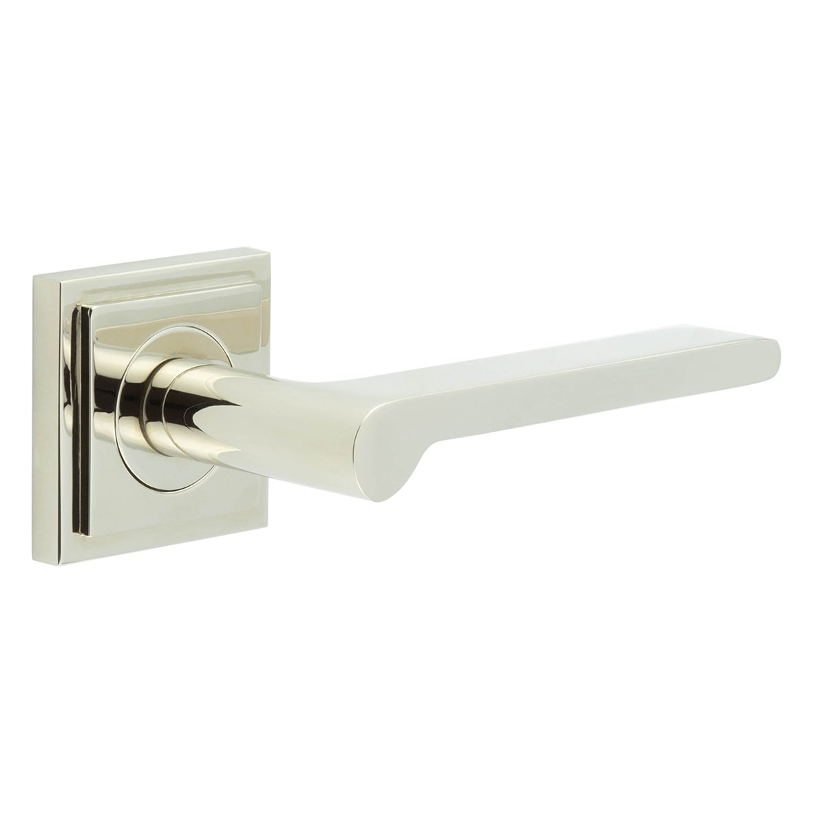 Polished Nickel Fire Rated Door Handles on Square Stepped Rose - Fitzrovia Range
