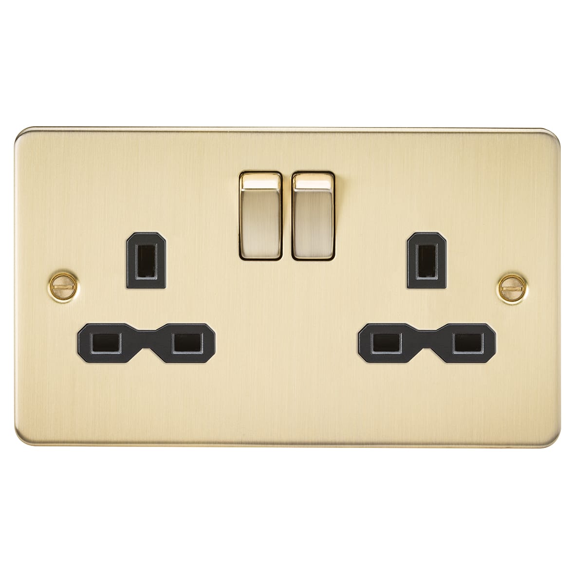 13A 2 Gang Switched Socket with Twin Earths - Brushed Brass with Black Insert