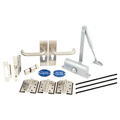 Light Duty Euro Lock Door Handle on Backplate Fire Door Kit - Size 3 - Push/Pull - Satin Stainless