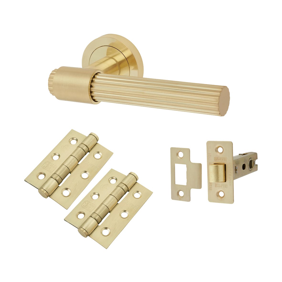 Satin Brass Lines Latch Door Handles on Rose Pack - Eva Range