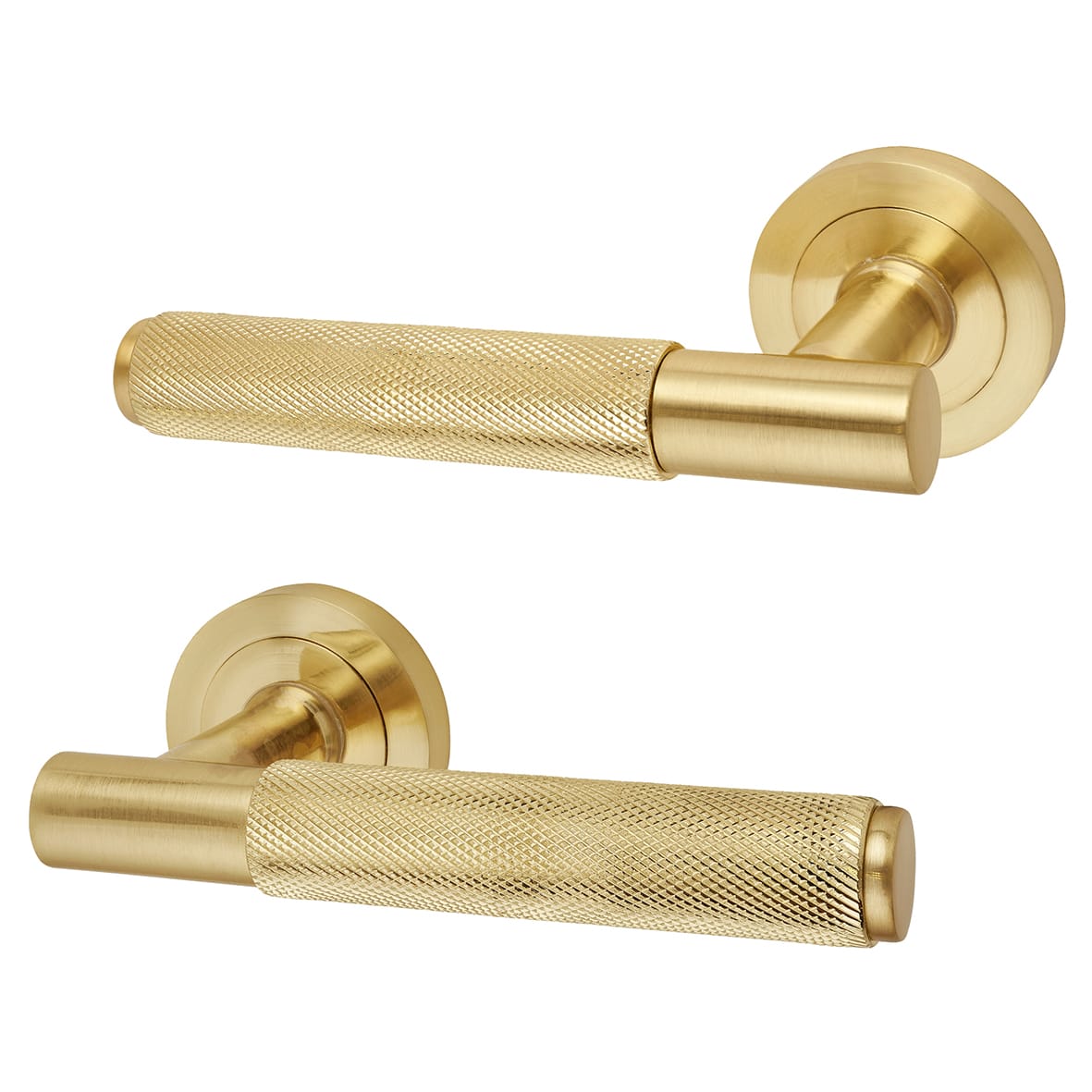 Satin Brass Knurled Door Handles on Round Rose - Remi Range
