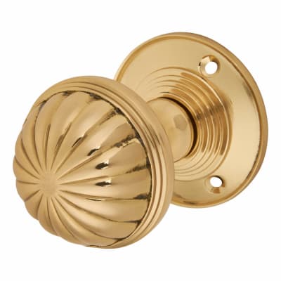 Polished Brass Fluted Mortice Door Knob - 65mm Rose Diameter
