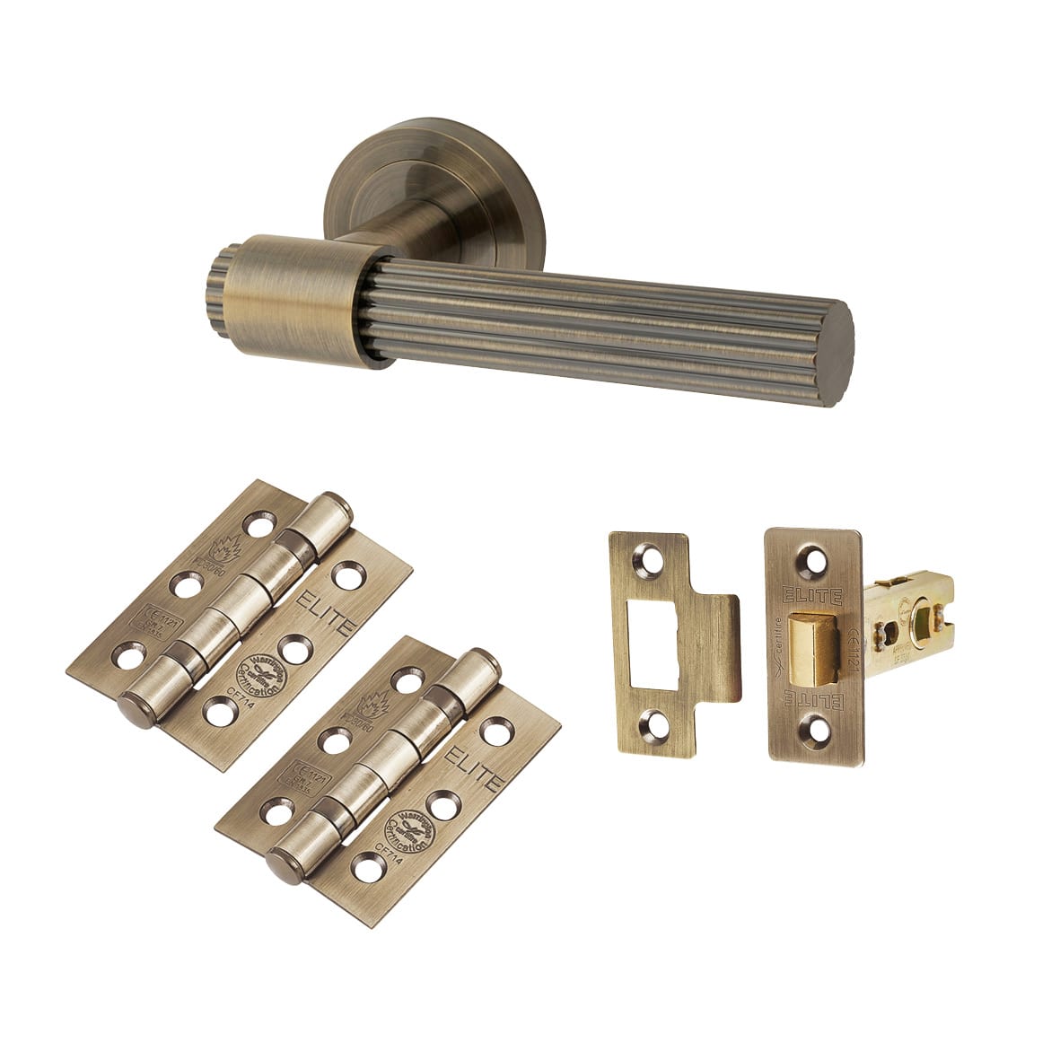 Antique Brass Lines Latch Door Handles on Rose Pack - Eva Range