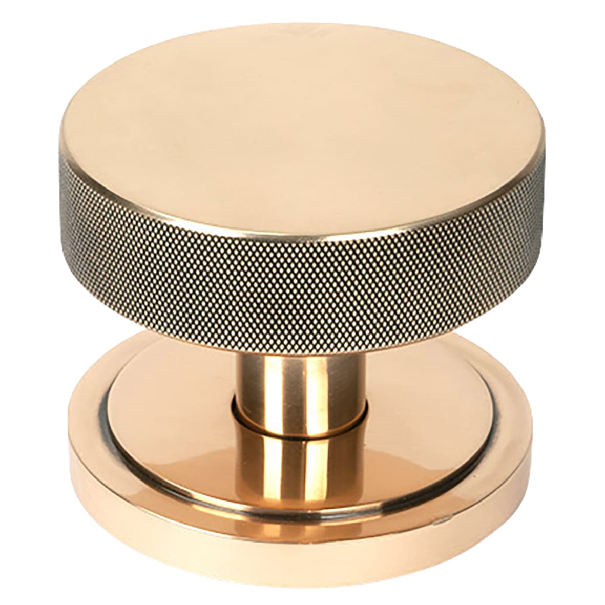 Brompton Polished Bronze Round Knurled Centre Door Knob on Art Deco Rose - 90mm Rose Diameter