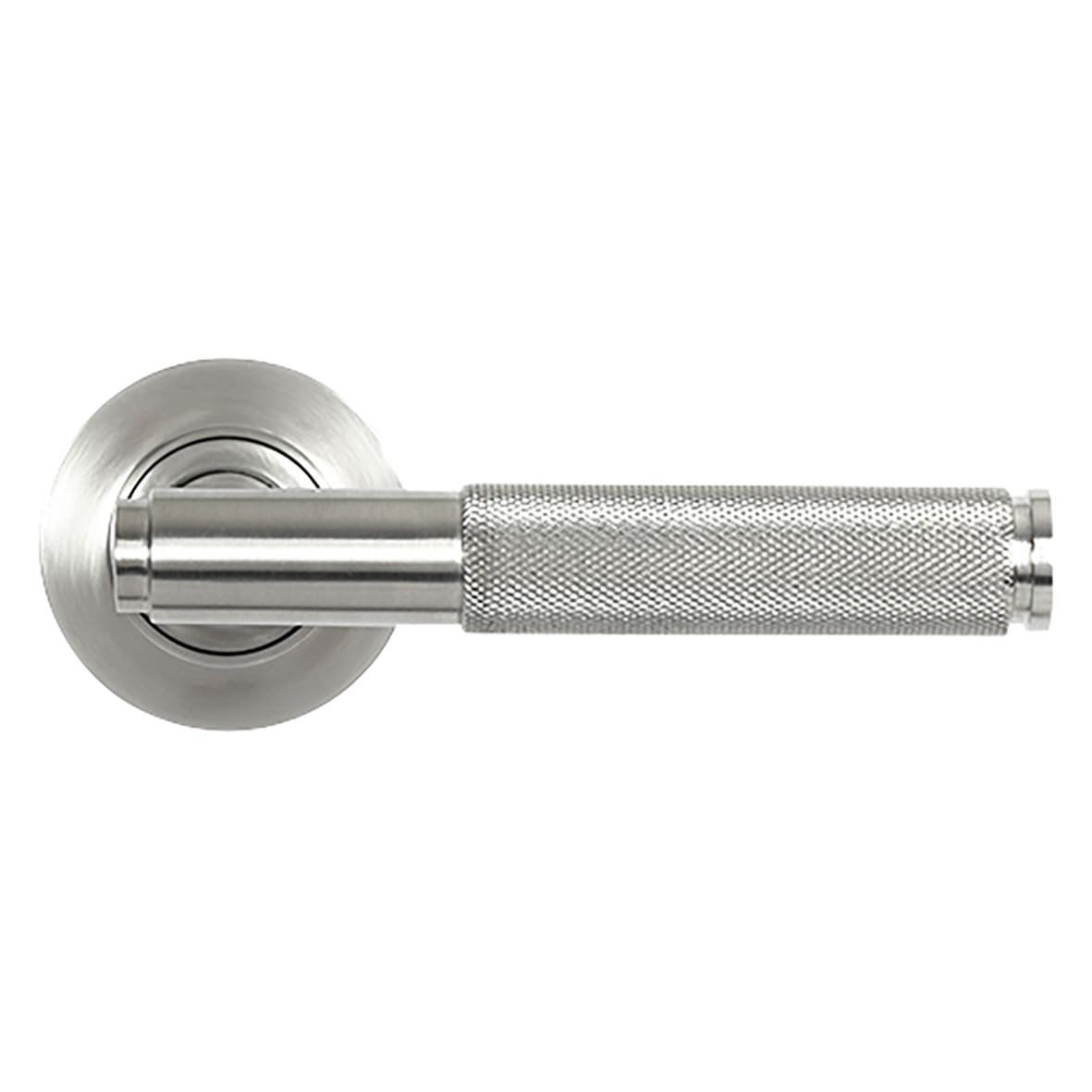 Satin Stainless Steel Knurled Door Handles on Round Rose - Brompton Range