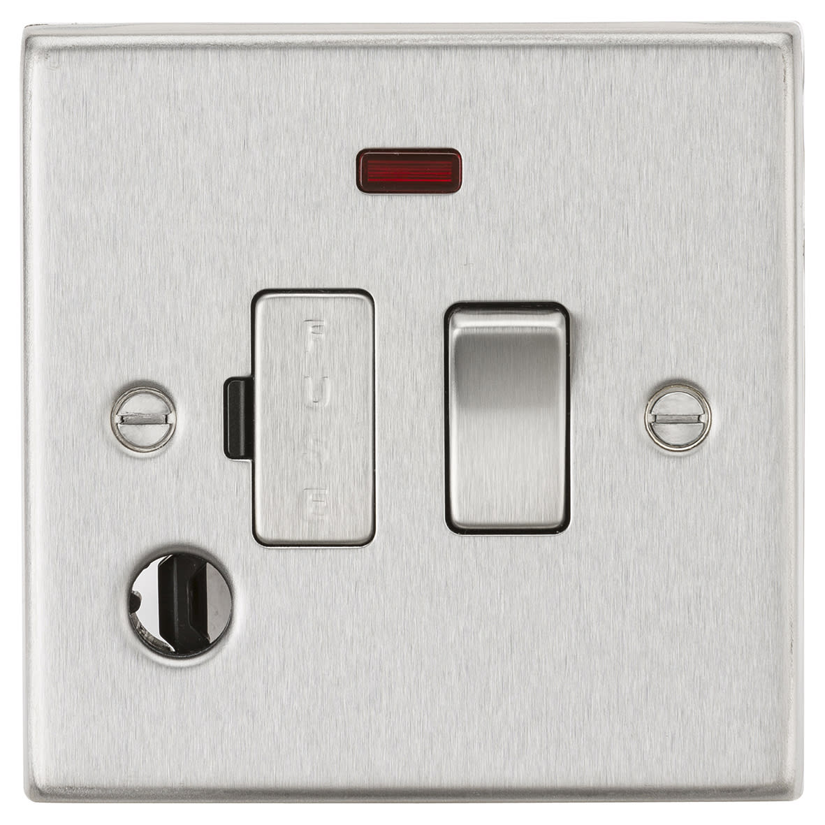 13A 1 Gang Square Edge Switched Fused Spur with Neon & Flex Outlet - Brushed Chrome