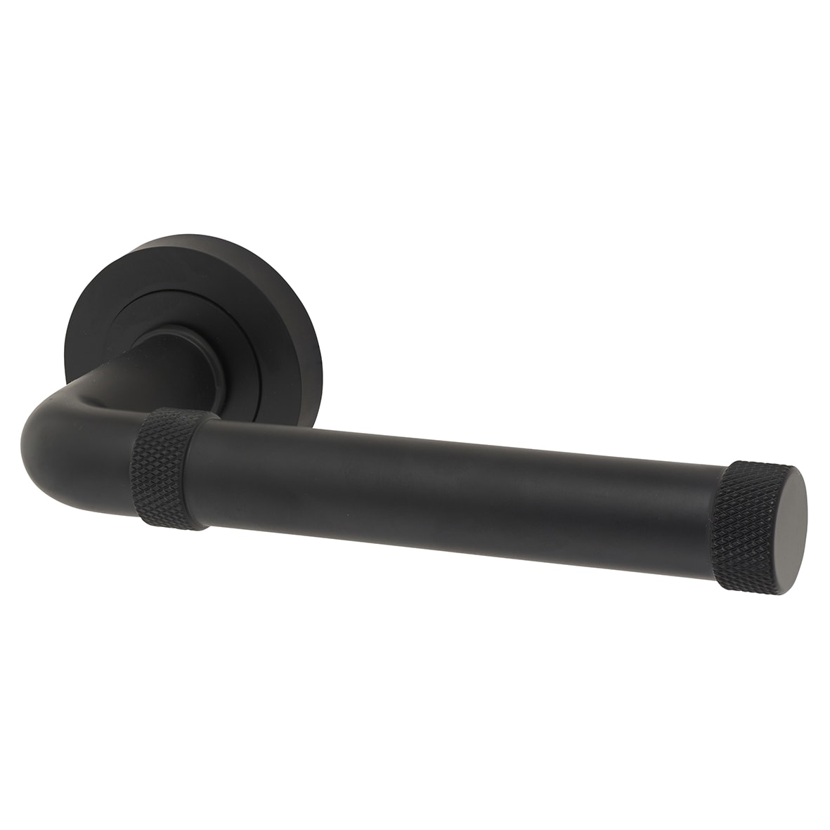 Matt Black Fire Rated Knurled Door Handles on Round Rose - Midtown Range
