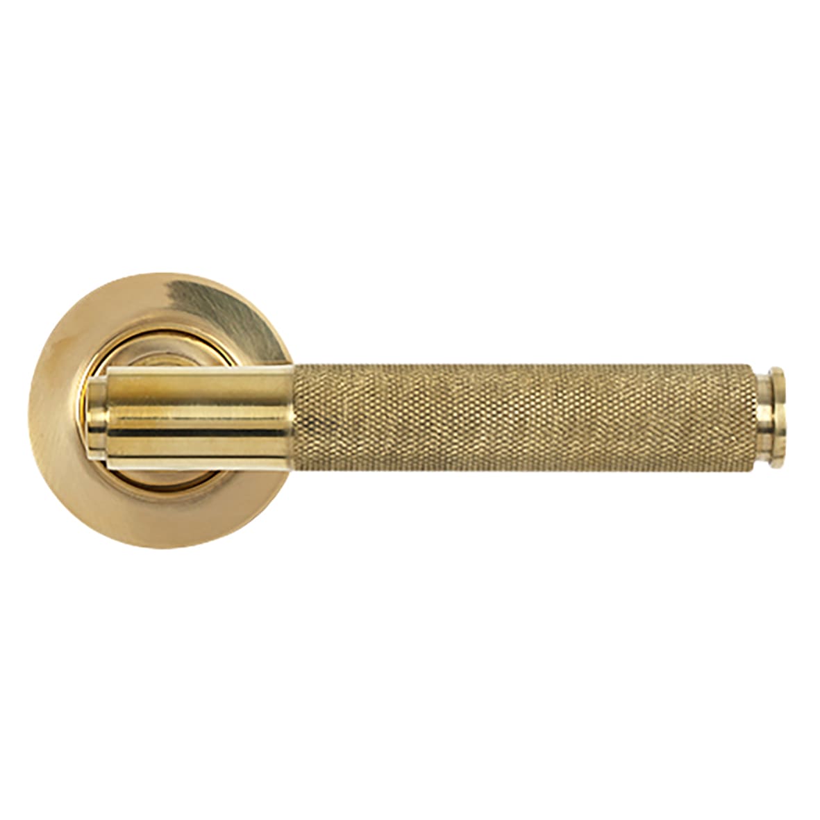 Polished Brass Knurled Door Handles on Round Rose - Brompton Range