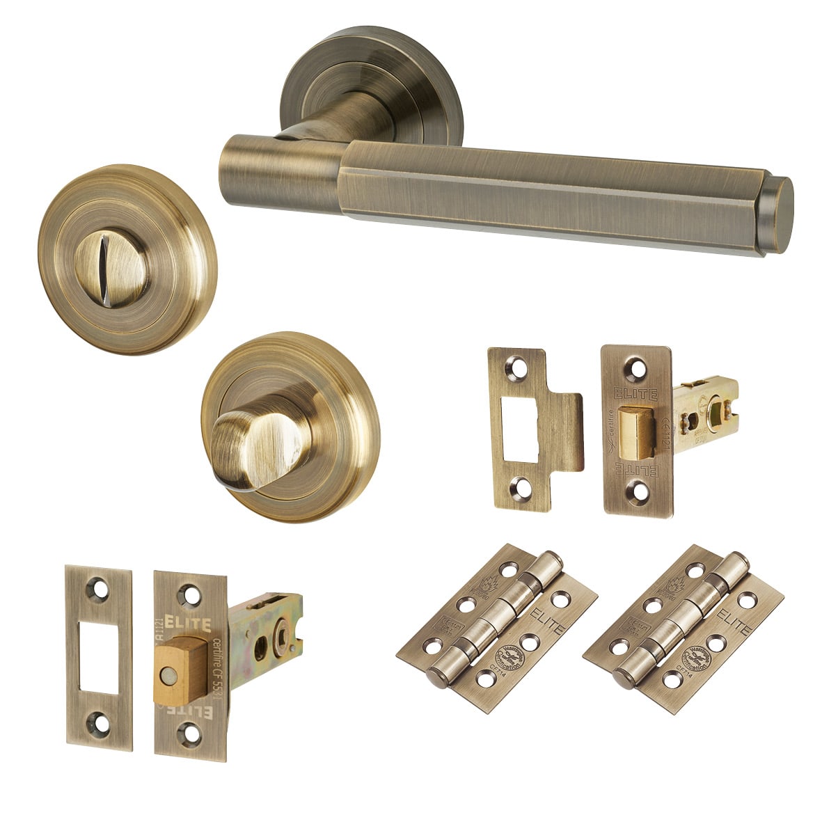 Antique Brass Hexagonal Bathroom Deadbolt Lock Door Handles on Rose Pack - Juno Range