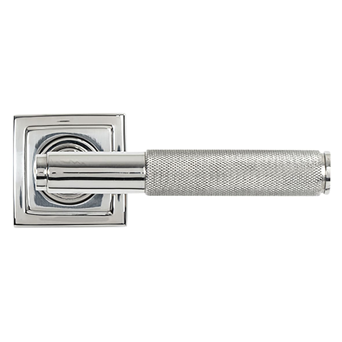 Polished Stainless Steel Knurled Door Handles on Square Rose - Brompton Range