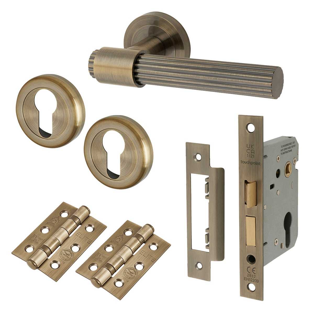 Antique Brass Lines Euro Lock Door Handles on Rose Pack - Eva Range