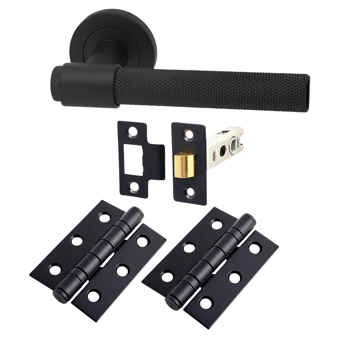 Matt Black Knurled Latch Door Handles on Rose Pack - Esme Range